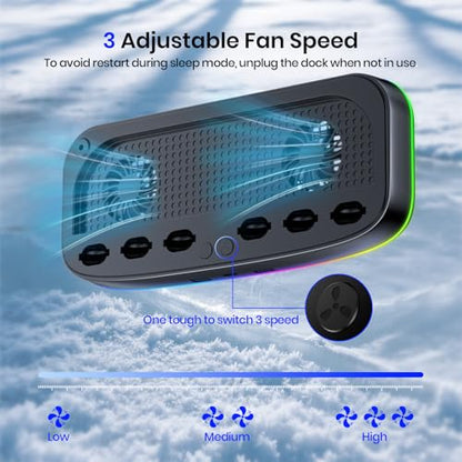 NEWDERY Cooling Fan for Nintendo Switch 2 Dock, Dual-Fan Cooling Stand | 3 Adjustable Speeds, RGB Light Modes, 6 Game Card Slots and 3 USB Ports for Cooling Control, Storage and Easy Expansion
