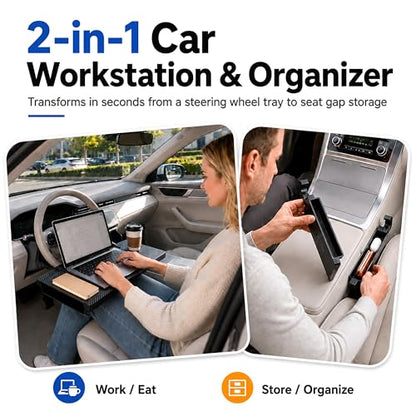 2-in-1 Steering Wheel Tray and Car Laptop Desk with Seat Gap Organizer | Carbon fiber look for working, eating or tablet use, fits standard round steering wheels,use only while safely parked
