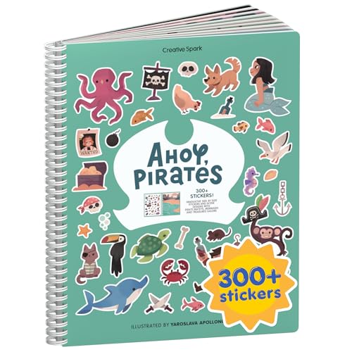 Cupkin Pirate Sticker Book Activity for Kids, Toddler Airplane Travel Essentials, 300+ Pirate Stickers for Kids + 8 Scenes + 8 Coloring Book Pages, Gift for Boys and Girls, Small Sticker Book - color: Ahoy, Pirates