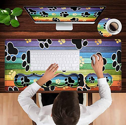 Ergonomic Mouse Pad Set, Desk Mat(31.5×11.8 in) + Keyboard Wrist Rest Support + Mouse Wrist Rest for Office,Home,Computer,Laptop -Rainbow Woodgrain Black Cute Dog Paw Gaming Large Mousepads XXL - color: JV-mouse pad-8-14