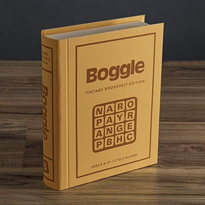 WS Game Company Boggle Vintage Bookshelf Edition Classic Tabletop Word Game | Linen-Wrapped Book Box, Translucent Dome, Sand Timer, Integrated Storage, Retro Design, 2-6 Players, Adults and Kids 8 and Up