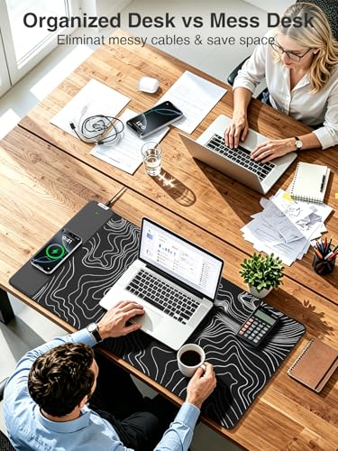 Wireless Charging Mouse Pad, 31.5"x15.8" Large Desk Mat, Smooth Glide | Waterproof Mousepad, Stitched Edge, Non-Slip Rubber Base, Desk Pad Computer Keyboard Mat, No Adapter - color: Black-31.5"x15.8"-Contour