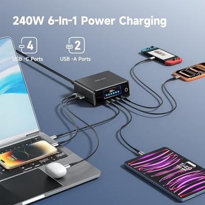 240W GaN Charger, 6-Port USB C Charger with 140W Max PD 3.1 Port, TFT-Screen Display Desktop Charging Station Adapter for MacBook Pro/Air M3/M2, Laptops, iPhone 17/16, Galaxy S24/S23, iPad, Steam Deck
