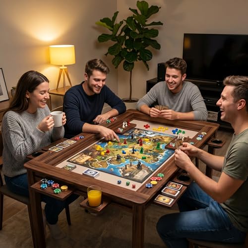 Board Game Table with Removable Table Top, 54” x 31” Play Area, Gaming and Dining Table with EVA Play Mat, Detachable Cup Holders and Trays for 6 Players, for Card, DND and Poker, Walnut - size: REC Table