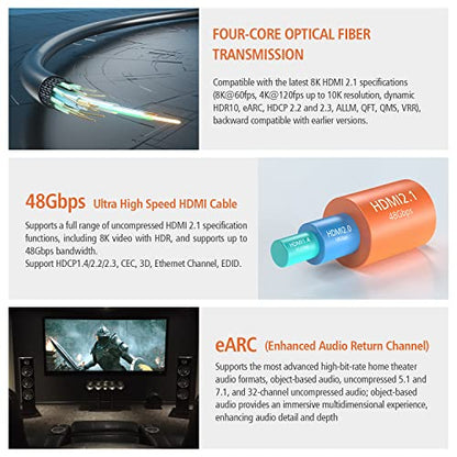 8K HDMI 2.1 Fiber Optic Cable, CL2 Rated, 48Gbps, 8K60, 4K120, 6FT | CL2-Rated Fiber Optic Design Reduces EMI vs Copper Cables for Stable Long-Distance 4K@120Hz Gaming and 8K Video - color: C-8K Fiber Gen3/C CL2 Rated, size: 6FT