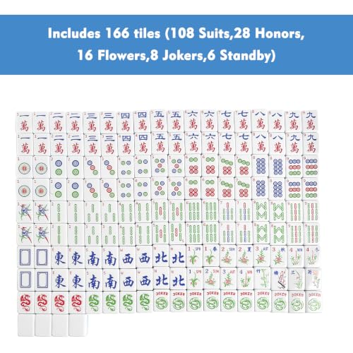 American Mahjong Game Set, Complete Mahjong Set with 160 Premium White Tiles and Mahjong Racks, Bag and Accessories for Family Party (Blue Bag)
