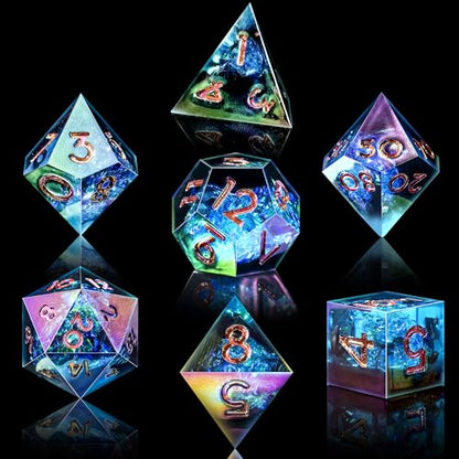 AUSTOR 7-Die DND Dice Set Handmade Sharp Edge Polyhedral Dice for Dungeons and Dragons D&D RPG MTG Table Games（Electroplating Black&Blue,Gold） - color: Electroplating Black&blue,gold