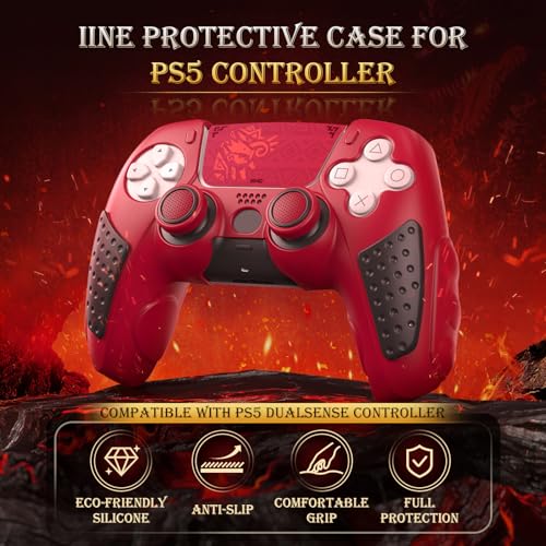 IINE Anti-Slip PS5 Controller Skin, Soft Silicone Protective Cover Case for PlayStation 5 DualSense Controller with 2 Thumb Grip Caps/Touchpad Sticker (Red) - color: Red