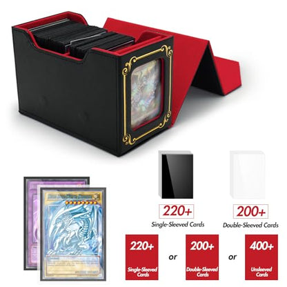 STORY OF WHITE Laser Card Deck Box | YGO MTG Organizer Holds 220+ Double Sleeved Card Storage Trading Games Leather Display Windows with magnetic cardholder - color: Black gold