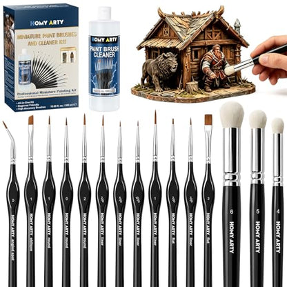 Miniature Paint Brushes Drybrush, 15 PCS Detail Paint Brush Set with 16.9 fl oz Brush Cleaner, Paint Brushes for Acrylic Painting, Models, Figurines, Nail Art & Paint by Number