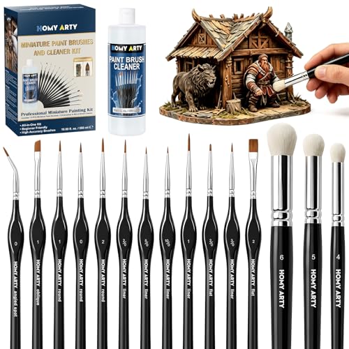 Miniature Paint Brushes Drybrush, 15 PCS Detail Paint Brush Set with 16.9 fl oz Brush Cleaner, Paint Brushes for Acrylic Painting, Models, Figurines, Nail Art & Paint by Number