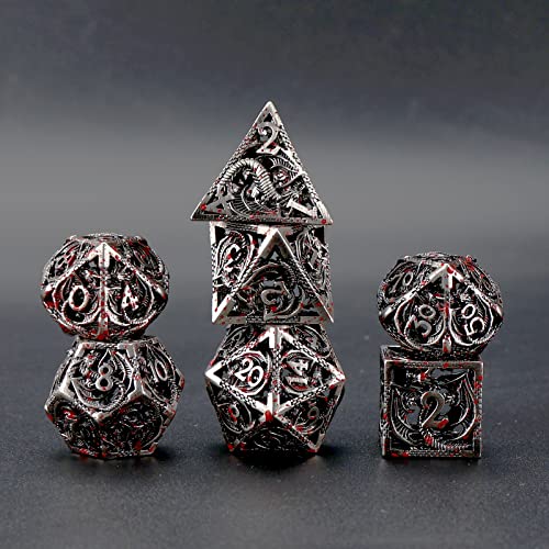 7pcs polyhedral Metal Dice Set DND,The New Hollow Pure Copper Process | DND Metal Dice Set,Used for Dungeon and Dragon Dice Games Role-Play RPG Explorer MTG Pioneer Game DND Dice Set - color: Black Red