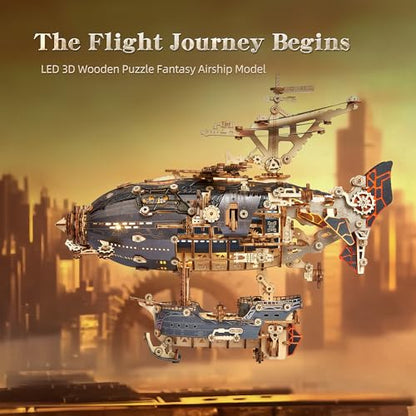 FUNPOLA LED 3D Wood Puzzle Fantasy Airship Model - Steampunk DIY Craft Kit with LED Lights – Intricate Wooden Airship Model Building Set for Adults(Gray) - color: Gray
