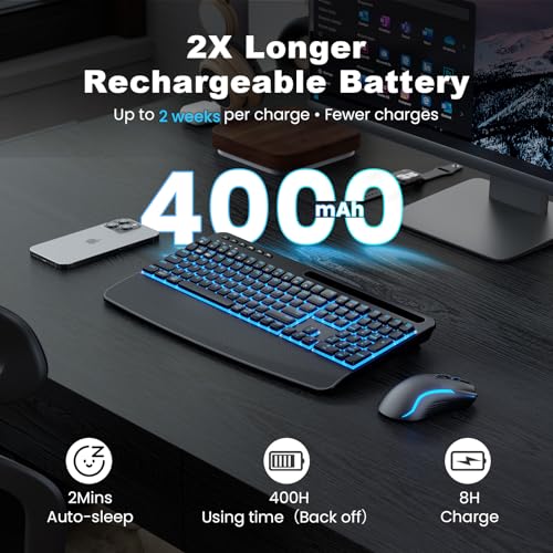 SABLUTE Wireless Keyboard and Mouse Combo, Rechargeable 4000mAh Light up Quiet Keyboard with Wrist Rest & Phone Holder, Ergonomic Silent Typing for PC/Mac/Laptop/Windows/Chrome OS - color: Black A