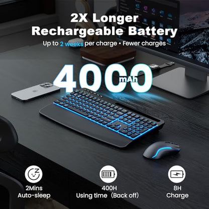SABLUTE Wireless Keyboard and Mouse Combo, Rechargeable 4000mAh Light up Quiet Keyboard with Wrist Rest & Phone Holder, Ergonomic Silent Typing for PC/Mac/Laptop/Windows/Chrome OS - color: Black A