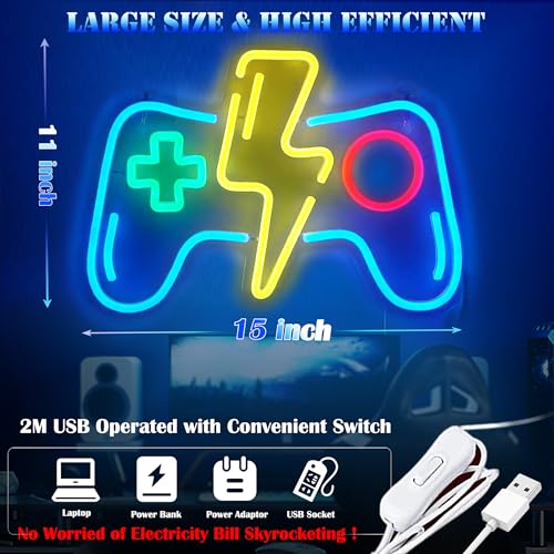 LED Game Neon Sign Light for Gamer Room Decor USB Powered with Switch Gaming Accessories Acrylic Gamepad Neon Sign for Video Game Room Teen Boy Bedroom Wall Decor Gift Ideas for Gamer Christmas - style: Lightning Blue Gampad