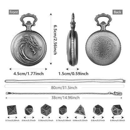 Mini DND Dice Set with Steampunk Dragon Head Totem Pocket Watch Case, Tiny 7PCS Polyhedral Metal D&D Dice, DND Gifts with Gift Box, Role Playing Game Board Game Accessories Dice, Dark Silver - color: Dark Silver