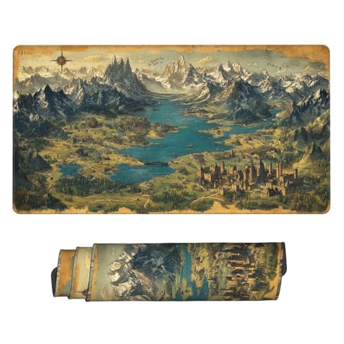 MTG Playmat Mysterious World in Aged map TCG Mat Board Game Card Game Trading Card Game Play Mat Desk Pad Stitched Edges Smooth Surface Rubber Base 23.5x13.7in