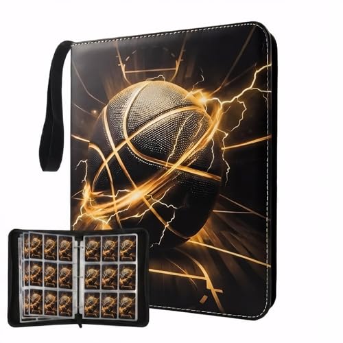 Trading Card Binder 9 Pocket, Gold Basketball Card Binder Holds 900 Cards with 50 Removable Sleeves, Waterproof PU Leather with Zipper Card Collector Album Book Compatible with TCG Cards - color: Gold Basketball
