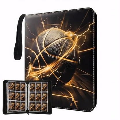 Trading Card Binder 9 Pocket, Gold Basketball Card Binder Holds 900 Cards with 50 Removable Sleeves, Waterproof PU Leather with Zipper Card Collector Album Book Compatible with TCG Cards - color: Gold Basketball