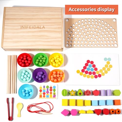 INIFEIDALA Montessori Toys for 3 4 5 Year Old,Gifts for Toddlers | Stacking Blocks, Lacing Beads & Shape Stacker, Wooden Beads Sequencing Toy Set, Fine Motor Skills & STEM Preschool Learning - style: Lacing Beads
