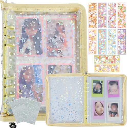 Kpop Photocard Binder with 6 Stickers Sheet & 50 Shinning Protective Sleeves Kpop Photocard Holder Book with Kpop Photocard, A5 Binder Photocard Album 30 Inner Pages with 240 Pockets (Yellow) - color: Yellow