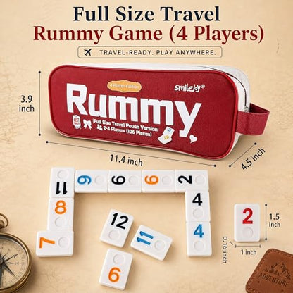 Smilejoy Rummy Cube 4 Players Edition, Full Size Travel Rummy Game Set with Travel Portable Canvas Bag,Classic Board Game for Adults and Kids |106 Tiles | 4 Playing Racks |1 Timing | (2-4 Player) - style: Large (2-4 player)