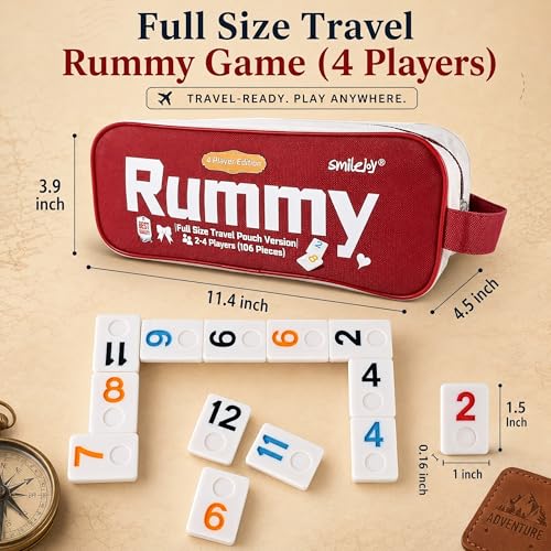 Smilejoy Rummy Cube 4 Player Edition, 106 Tiles with Travel Canvas Bag | Large color numbered melmine tiles, 4 playing racks, 2 joker, Timer, Carry bag,Travel tile game for Festival Gift choice - size: Large (2-4 player)
