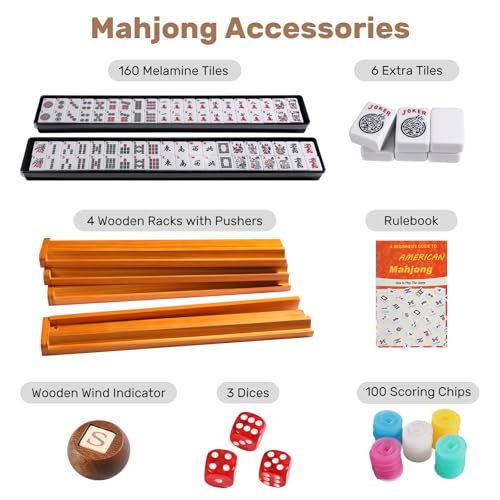 American Mahjong Tile Set, 166 White Tiles & 4 All-in-One Wooden Racks with Pushers, Mah Jongg Game Sets with Red Mahjong-Themed Carrying Bag - color: Red