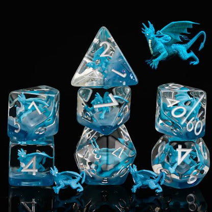 Dragon Resin D&D Dice Set, 7-Piece DND Polyhedral Dice (D4, D6, D8, D10, D12, D20, D%) Dungeons and Dragons Dice Set - color: Blue Dragon
