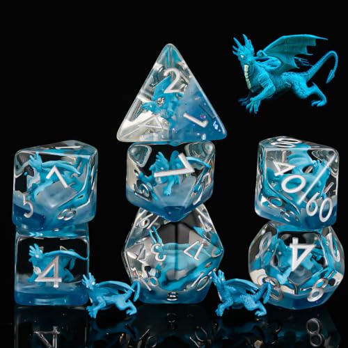 Dragon Resin D&D Dice Set, 7-Piece DND Polyhedral Dice (D4, D6, D8, D10, D12, D20, D%) Dungeons and Dragons Dice Set - color: Blue Dragon