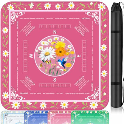 Crease-Free Mahjong Learning Mat 33.1" x 33.1", American Mah Jongg Mat with Rules, Quiet Non-Slip Large Mahjong Table Cover, Floral Gaming Mats for Mahjong, Poker, Dominoes & Board Games (Rose Pink) - color: Rose Pink