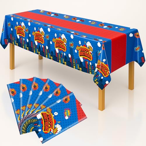 6 Piece Party Tablecloth Rectangle Table Covers for Birthday Party Decorations, 108"x54" Plastic Table Cloth Disposable, Hero Themed Birthday Celebration Supplies Blue Skyscraper (6) - color: Blue Red, size: 6pcs