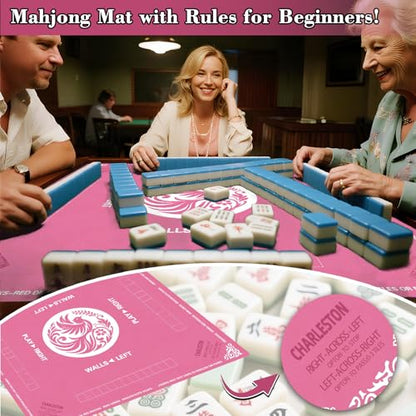 Mahjong Mat with Carrying Bag, Pink Mahjong Table Mat with Rules | Anti Slip & Noise Reduction, Easy to Carry, 31.5" x 31.5" Neoprene Mahjong Mats, Elegant Print & Soft Surface Gaming Mat - color: Pink
