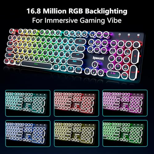 Redragon K710 Wireless Typewriter Style Mechanical Gaming Keyboard, Black | Bluetooth/2.4Ghz/Wired Tri-mode, RGB Backlit, Rechargeable Battery, Clicky Blue Switch, Solid Metal Panel, Round Keycaps