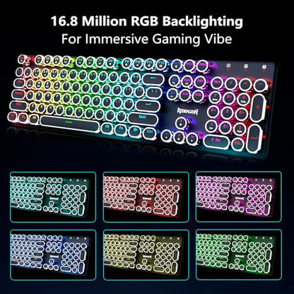 Redragon K710 Wireless Typewriter Style Mechanical Gaming Keyboard, Black | Bluetooth/2.4Ghz/Wired Tri-mode, RGB Backlit, Rechargeable Battery, Clicky Blue Switch, Solid Metal Panel, Round Keycaps