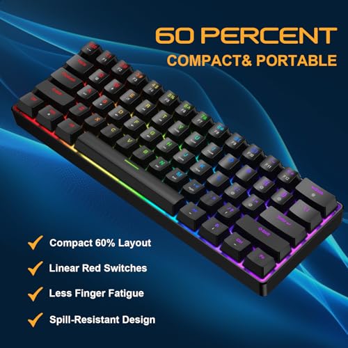 BlueFinger 60% Mechanical Gaming Keyboard and Mouse Combo - RGB Rainbow Backlit 61 Keys Red Switch Keyboard & 4 DPI LED Gaming Mouse, USB Wired Set for PC Laptop Xbox PS4 PS5, Black - color: Black