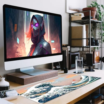 Japanese Large Gaming Mouse Pad with Extended Stitched Edges, (31.5X15.7In) Durable Non-Slip Natural Rubber Base, Waterproof Computer Pad for Esports Pros/Gamer/Office/Home, Sunset Sea - color: Sunset Sea