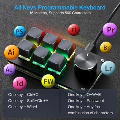 Koolertron Macro Programmable Keypad, One Handed Programmable Mechanical Keyboard, RGB Blue Switch Hot Swappable, 6 Keys 1 Knob Backlit Keypad for Working and Gaming, Black - size: 6-key (1 Knob)