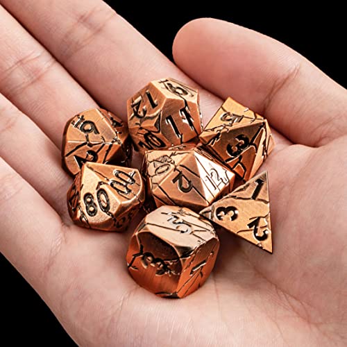 Metal Dice for DND - Ancient Cracked Pharaoh Ruins – Copper | Beautiful 7pc Polyhedral Dice Set, Smooth Rolling, Role Playing Games (RPG), Compatible with D&D, for Dungeons and Dragons - color: Antique Copper