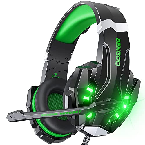 BENGOO G9000 Stereo Gaming Headset for PS4 PC Xbox One PS5 Controller, Noise Cancelling Over Ear Headphones with Mic, LED Light, Bass Surround, Soft Memory Earmuffs for Laptop Mac - Green - color: Green