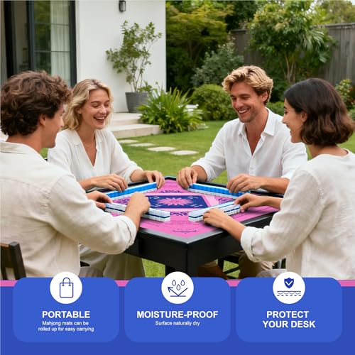 KUNTE Mahjong Mat for Table, Pink, 32x32 Inch | American Mahjong Mat with Printed Rules, Non-Slip, Quiet and Foldable, Includes Portable Tote Bag - color: Pink