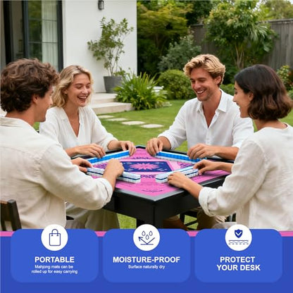 KUNTE Mahjong Mat for Table, Pink, 32x32 Inch | American Mahjong Mat with Printed Rules, Non-Slip, Quiet and Foldable, Includes Portable Tote Bag - color: Pink