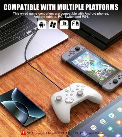 Wired Controller for Android/Tablet/Windows PC/Switch/PS4/PS3, 1000Hz Polling Rate Plug and Play Gaming Gamepad Joystick with USB C Adapter, Dual Motors, Turbo, 6.56ft Cable,Ultra-Low Latency -White - color: White