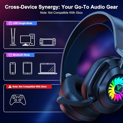 Vakedy Wireless Gaming Headset with Mic for PS5, PS4, PC, Switch, Mac, 2.4GHz & BT Gaming Headphones, 50H Battery, 24ms Low Latency for Fortnite & Call of Duty/FPS Gamers, RGB Lights, Black | 2.4GHz & BT Gaming Headphones, 50H Battery and Noise Canceling