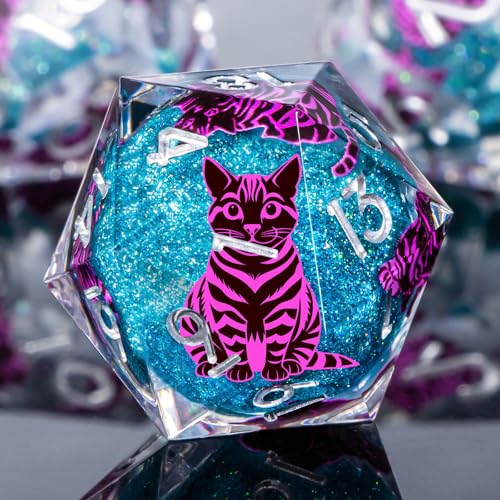 KERWELLSI Cat Liquid Core DND Dice Set with Gift Box, 7Pcs Resin Dungeons Sharp Edge D&D Dice, Dragons D and D Role Playing Dice D20 D12 D10 D8 D6 D4, Blue and Purple Cat - color: Blue Purple Cat