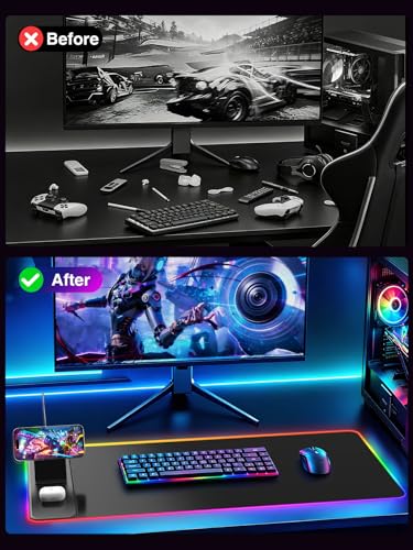 Wireless Charging Mouse Pad with Magnetic Phone Stand, 31.5"x15.8" Large | Gaming Mousepad RGB Desk Mat, Smooth Glide, Stitched Edge, Non-Slip Rubber Base, Waterproof Keyboard Mat, with Adatper - color: RGB-Mag Stand-Adatper