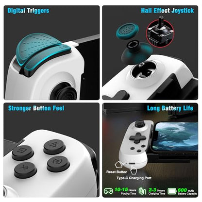 Joso Wireless Phone Controller for iPhone/Android, Mobile Game Controller with Hall Joystick Suitable for Xbox Cloud Gaming, PS Remote Play, Steam Link, Call of Duty & More - White - color: White | D6