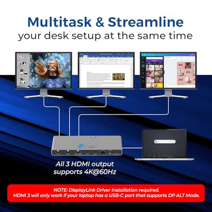 OREI DisplayLink Docking Station 3 Monitors – 3X 4K@60Hz HDMI – 6X USB (4X USB 3.0), Gigabit Ethernet, 100W PD, AUX – Triple Monitor Docking Station with Win & Mac Support | OREI DisplayLink Docking Station 3 Monitors – 3X 4K@60Hz HDMI – 6X USB (4X USB 3.