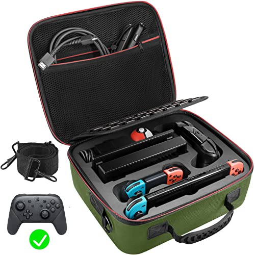 VORI Carrying Case for Nintendo Switch/Switch OLED Model (2021), Hard Travel Storage Protective Case with Handle and Shoulder Strap for Pro Controller, Poke Ball Plus and Switch Accessories, Green - color: Green